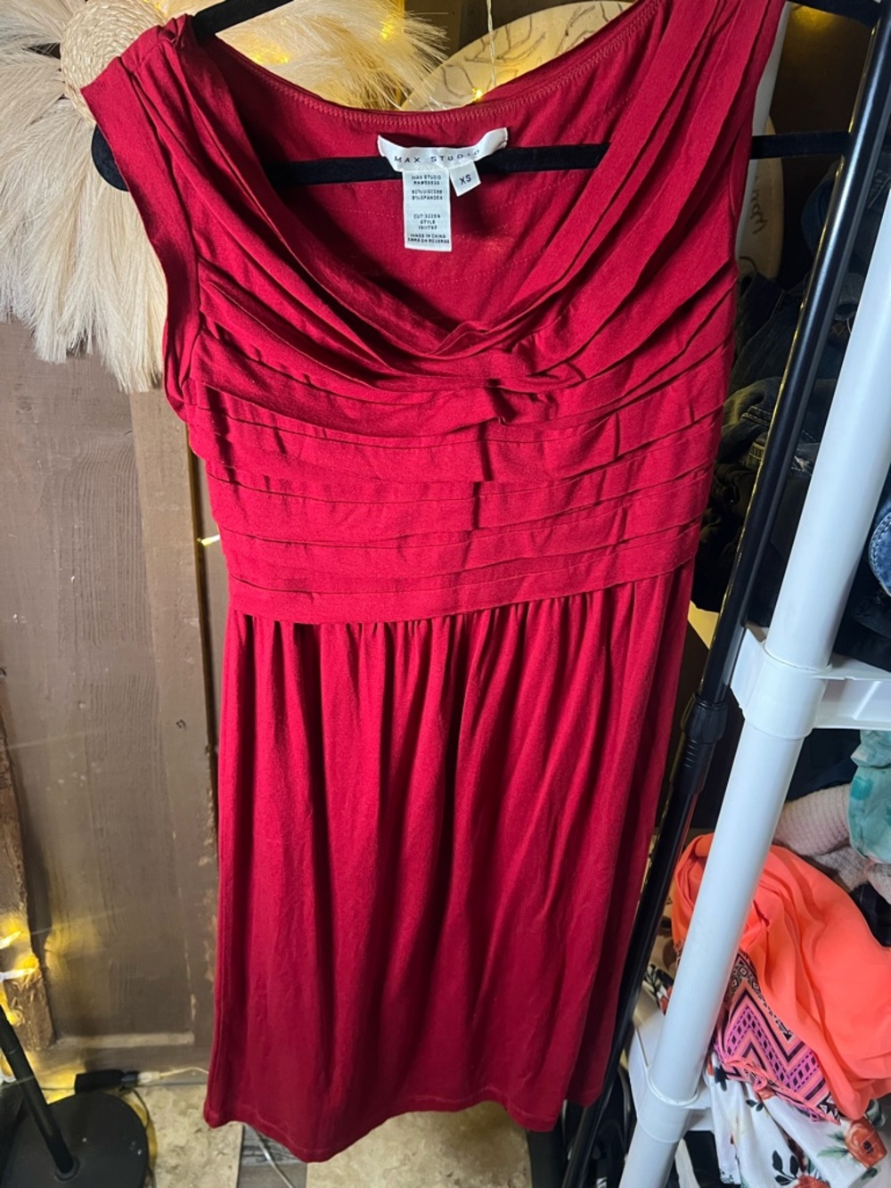 Max Studio Crimson Red Midi Dress with Pleated Bodice